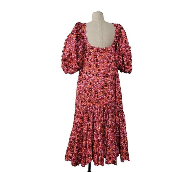 NWT Kika Vargas Maya Pink Floral Midi Dress Sz M Dramatic Puff Sleeves Ruffled‎ - Picture 5 of 12